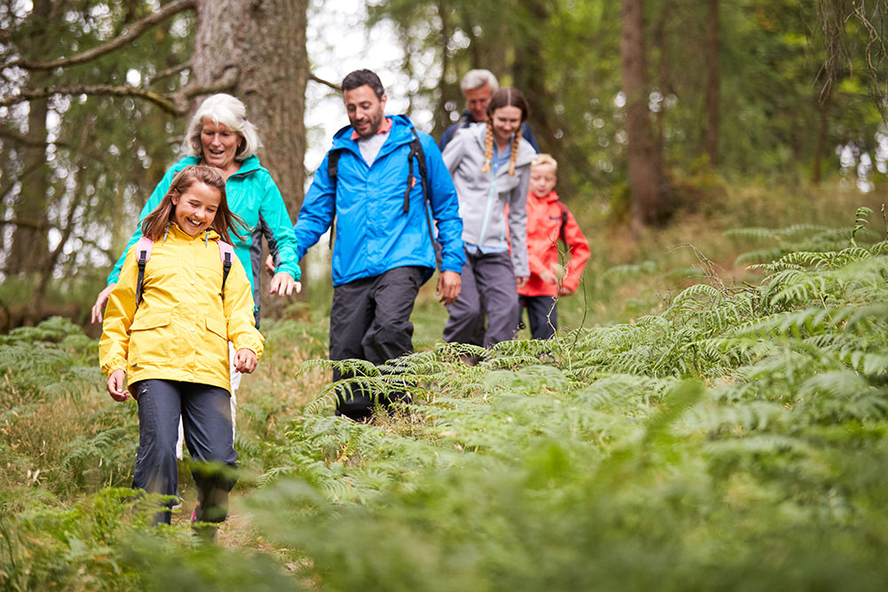 family walking in line downhill on a trail